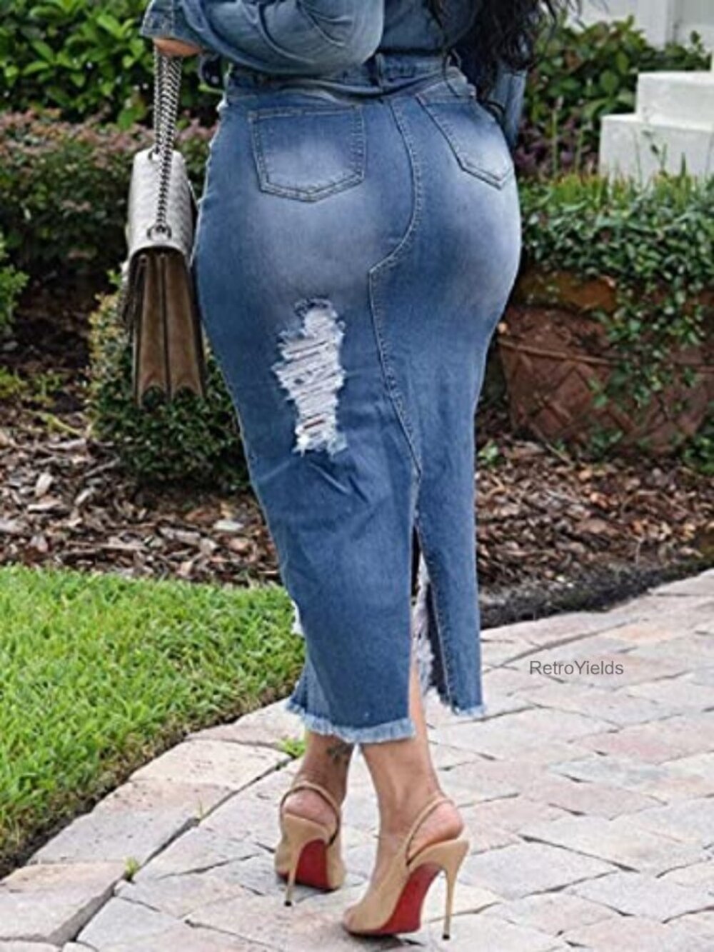 Women's Stretch Denim Midi Skirt with Slit and Pockets - Picture 4 of 6